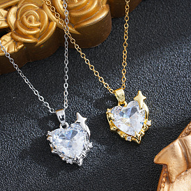 Pendentif cœur en laiton pavé de zirconiums cubiques transparents 201 Colliers à chaîne câble en acier inoxydable pour femmes, placage ionique (ip)