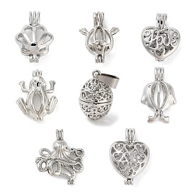 Shell Shape/Angel/Heart/Octopus/Dolphin/Frog/Egg Alloy Bead Cage Pendants, Hollow Cage Charms for Chime Ball Pendant Making, Platinum