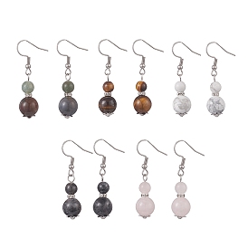 Natural Mixed Gemstone Gourd Dangle Earrings, 304 Stainless Steel Jewelry for Women