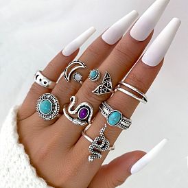 Vintage 8-Piece Moonstone & Turquoise Snake Ring Set for Women with Fish Tail Joint Design