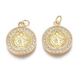 Brass Micro Pave Clear Cubic Zirconia Pendants, Long-Lasting Plated, With Jump Rings, Flat Round