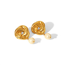 Flower Stainless Steel Fresh Pearl Dangle Stud Earrings for Women