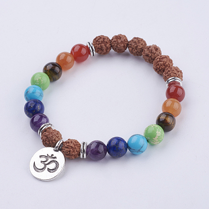 Yoga Chakra Jewelry, Gemstone and Bodhi Wood Stretch Charm Bracelets, with Tibetan Style Alloy Pendant
