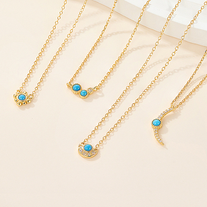925 Sterling Silver Pave Synthetic Turquoise Moon Pendant Cable Chain Necklaces, Golden