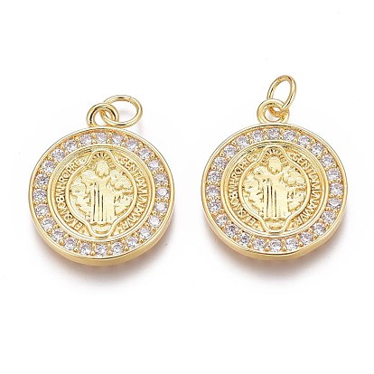 Brass Micro Pave Clear Cubic Zirconia Pendants, Long-Lasting Plated, With Jump Rings, Flat Round