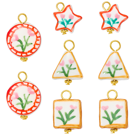 8Pcs 4 Styles Flower Pattern Handmade Porcelain Pendants, Mixed Shapes, Golden