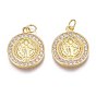 Brass Micro Pave Clear Cubic Zirconia Pendants, Long-Lasting Plated, With Jump Rings, Flat Round
