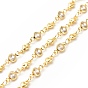 Brass Heart & Flat Round Link Chains, with Clear Cubic Zirconia Beaded, Long-Lasting Plated, Soldered, with Spool