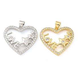 Rack Plating Brass Micro Pave Cubic Zirconia Pendants, Cadmium Free & Lead Free, Long-Lasting Plated, Heart with Word Love, for Valentine's Day