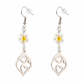 Mother's Day Gifts, Millefiori Glass Flower Dangle Earrings, with 304 Stainless Steel Earring Hooks and Ear Nuts, Heart with Mother and Child