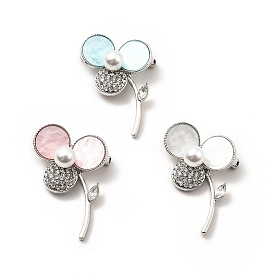 Crystal Rhinestone Clover Lapel Pin with ABS Pearl Beaded, Platinum Alloy Brooch with Acrylic for Backpack Clothes, Cadmium Free & Lead Free