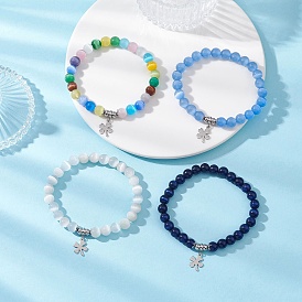 Cat Eye Beads Charm Stretch Bracelets, with 201 Stainless Steel Clover Pendants for Women