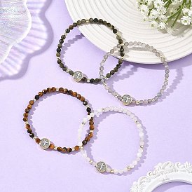 Religion Natural Gemstone Beaded Stretch Bracelets with Brass Flat Round with Cross Beads