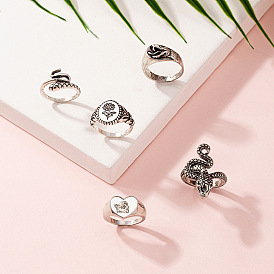 Vintage Ring Set - Snake, Angel, Flower Rings - Trendy Couple Rings.