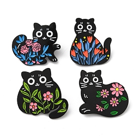 Cartoon Cat & Flower Enamel Pins, Black Alloy Brooch for Backpack Clothes