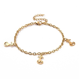 304 Stainless Steel Cat Charm Bracelet with Cable Chains for Women