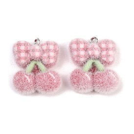 Флокированные подвески из непрозрачной смолы, Подвеска в виде вишни с клетчатым бантиком и платиновой железной петлей.