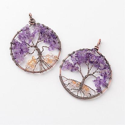 Природных драгоценных камней крупные кулоны, плоские круглые с деревом, с красной меди с латунным покрытием нахождения, 64x50x6 мм, отверстие : 3 мм