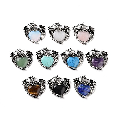 Gemstone Pendants, Heart Charms, with Rack Plating Antique Silver Tone Alloy Dragon Findings