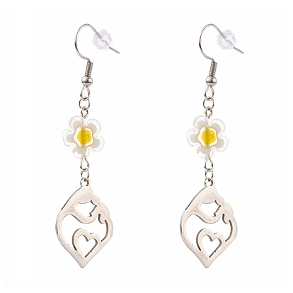 Mother's Day Gifts, Millefiori Glass Flower Dangle Earrings, with 304 Stainless Steel Earring Hooks and Ear Nuts, Heart with Mother and Child