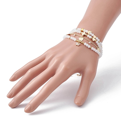 4Pcs 4 Style Glass & Brass Moon & Star Braided Bead Bracelets Set, Heart Charms Stackable Bracelets