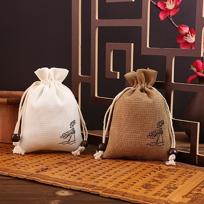 Cotton Linen Pouches, Drawstring Bag, with Wood Beads, Rectangle with Lotus