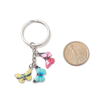 3Pcs Colorful Butterfly Alloy Enamel Pendant Keychain, with Iron Findings