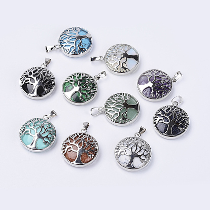 Gemstone Pendants, with Platinum Plated Brass Findings, Flat Round with Tree of Life