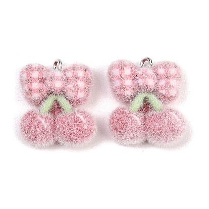 Флокированные подвески из непрозрачной смолы, Подвеска в виде вишни с клетчатым бантиком и платиновой железной петлей.