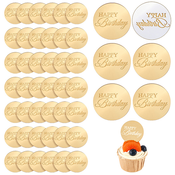 48 piezas de adornos acrílicos para tartas, decoraciones de pasteles, plano redondo con palabra feliz cumpleaños