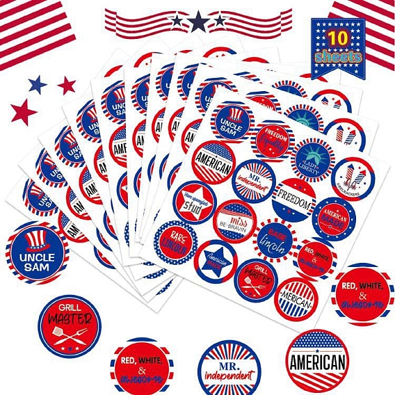 16 Patterns 4 of July American Independence Day Paper Sticker Labels, Self-adhesive Round Dot Decals, for Suitcase, Skateboard, Refrigerator, Helmet, Mobile Phone Shell, Red & White & Blue