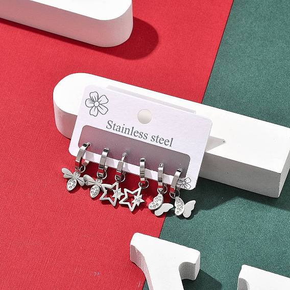 3 пары 3 стили рождество 304 наборы сережек-колец из нержавеющей стали для женщин, с кубическим цирконием и горным хрусталем, бабочка и звезда и стрекоза