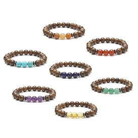 7Pcs 7 Style Natural & Synthetic Mixed Gemstone & Wenge Wood Beaded Stretch Bracelets Set, Chakra Yoga Stackable Bracelets for Women