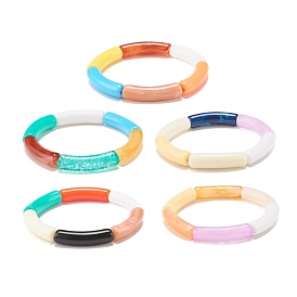 Acrylic Curved Tube Beaded Stretch Bracelet, Chunky Bracelet for Women