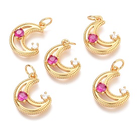 Brass Micro Pave Purple Cubic Zirconia Pendants, with Jump Rings, Moon