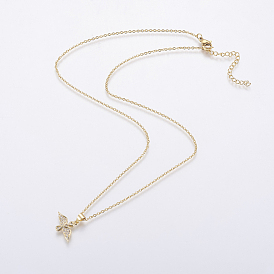 304 Stainless Steel Chain Necklaces, with Brass Micro Pave Cubic Zirconia Pendants, Wing