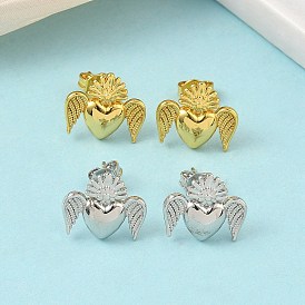 Серьги-гвоздики из латуни в форме сердца с крыльями, стойки покрытие, долговечный, без кадмия и без свинца