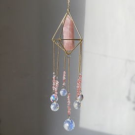 Bullet Natural Rose Quartz Hanging Ornaments, Glass Tassel Suncatchers