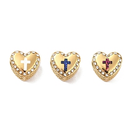 304 Stainless Steel European Beads, Large Hole Beads, with Rhinestone and Enamel, Heart with Cross, Mixed Color