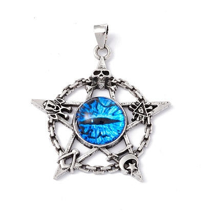 Glass Pendants, with Antique Silver Plated Alloy Findings, Star with Evil Eye