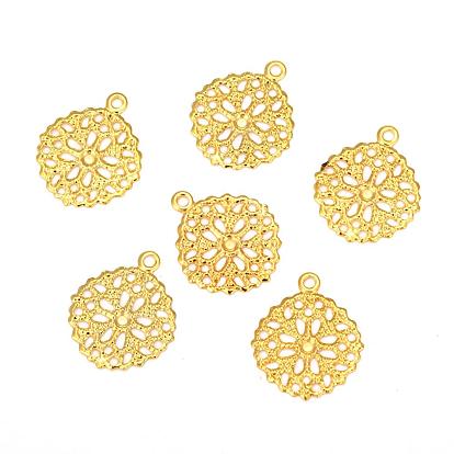Flat Round Iron Flower Filigree Findings Charms Pendants, 15x13x0.5mm, Hole: 1mm