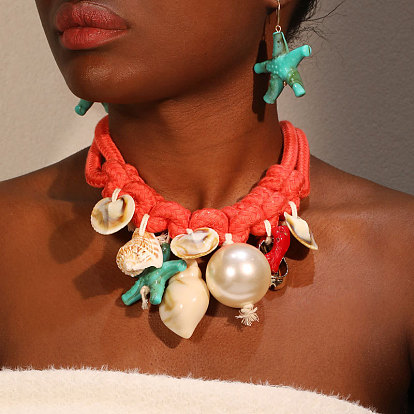 Комплекты из ожерелий и серег из ракушек и искусственного жемчуга, наборы украшений из поликоттонового шнура и сплава, раковина и морская звезда