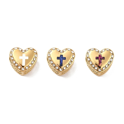 304 Stainless Steel European Beads, Large Hole Beads, with Rhinestone and Enamel, Heart with Cross, Mixed Color