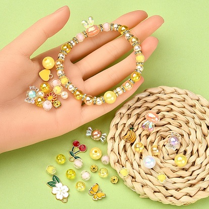 DIY Cute Stretch Bracelet Making Kit, Including Imitation Pearl & Candy Acrylic Beads, Banana & Cherry & Flower & Heart & Butterfly Alloy Enamel Pendants