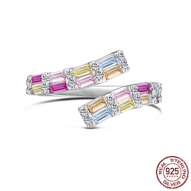 Rhodium Plated Sterling Silver Open Cuff Rings, with Colorful Cubic Zirconia, with S925 Stamp