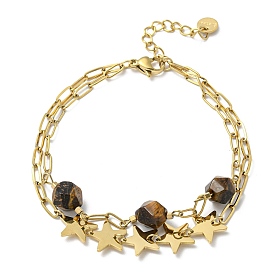 Ion Plating(IP) 304 Stainless Steel Star Link Chains Double Layer Multi-strand Bracelet, with Natural Tiger Eye Beaded