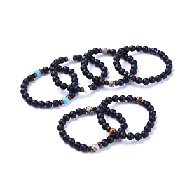 Bracelets extensibles en perles d'agate noire naturelle (teintes et chauffées), avec des perles de pierres précieuses et des perles de bois, givré
