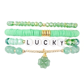 4pcs 4 bracelets extensibles en perles de verre et d'argile polymère de style sertis de breloques en forme de trèfle, Bracelets empilables porte-bonheur pour la Saint-Patrick