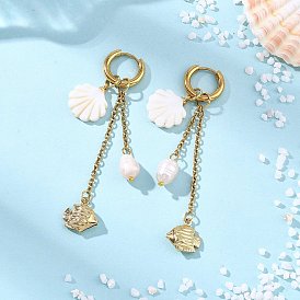 Подвески из натуральной пресноводной раковины и хирургической нержавеющей стали для женщин., рыба в форме ракушки, с 316 крючками для сережек-колец из нержавеющей стали