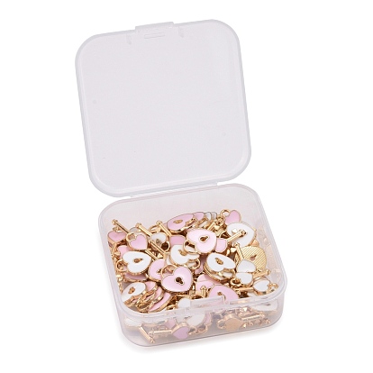80Pcs 4 Style Alloy Enamel Charms, Heart Lock & Key, Pink and White